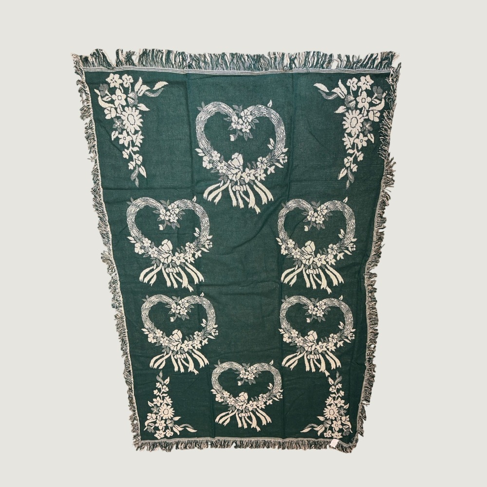 Woven Throw Blanket Green Reversible Floral Heart Farmhouse Vintage Spain New